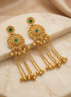 gold-plated antique matte chandbali kashmiri earrings with green stones 2