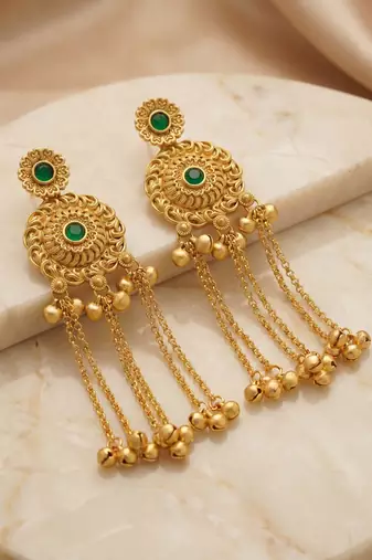 gold-plated antique matte chandbali kashmiri earrings with green stones