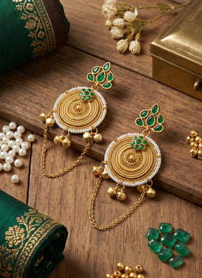 gold-plated antique matte chandbali kashmiri earrings with green stones 2