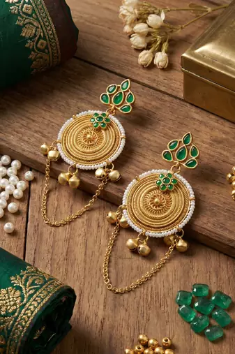 gold-plated antique matte chandbali kashmiri earrings with green stones