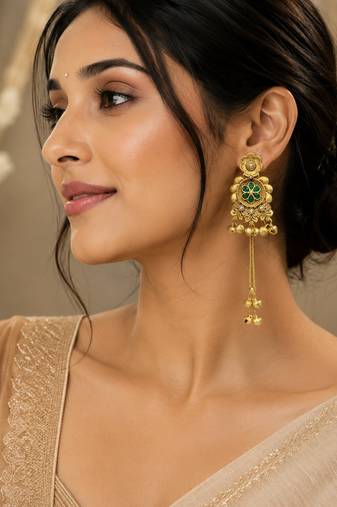 gold-plated antique matte chandbali kashmiri earrings with green stones
