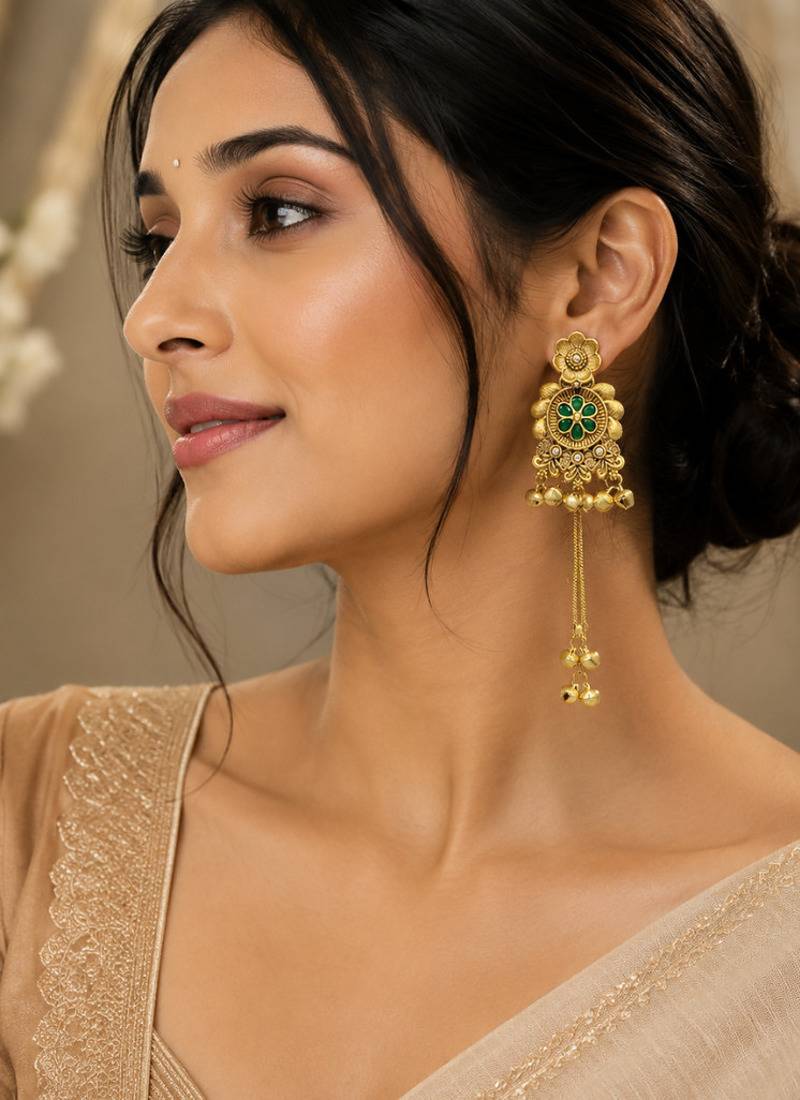 gold-plated antique matte chandbali kashmiri earrings with green stones