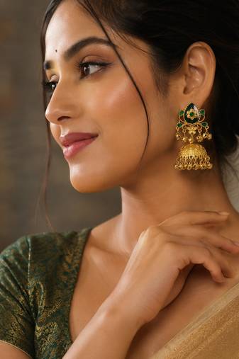 gold-plated antique matte chandbali kashmiri earrings with green stones