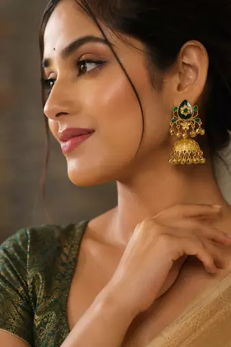 gold-plated antique matte chandbali kashmiri earrings with green stones