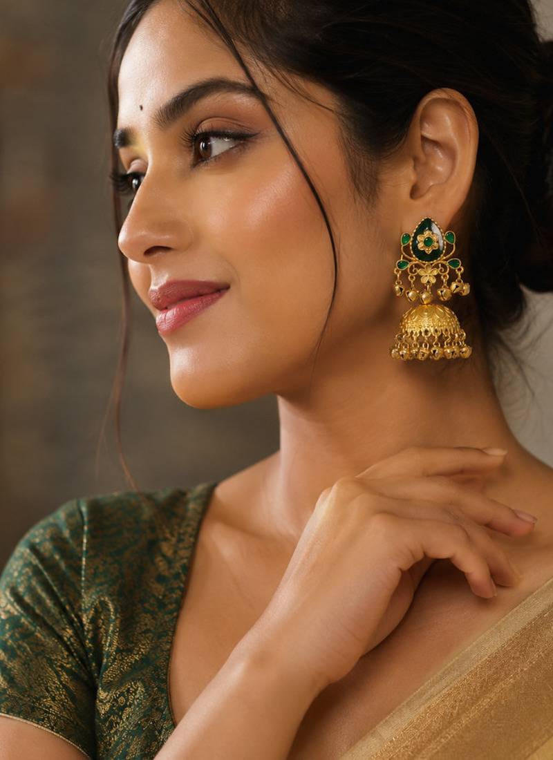 gold-plated antique matte chandbali kashmiri earrings with green stones