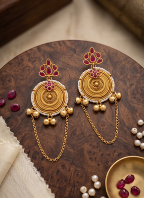 gold-plated antique matte chandbali kashmiri earrings with red stones 2