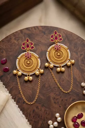 gold-plated antique matte chandbali kashmiri earrings with red stones