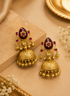 gold-plated antique matte chandbali kashmiri earrings with red stones 2