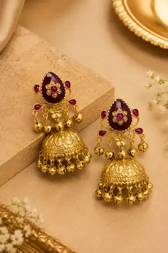 gold-plated antique matte chandbali kashmiri earrings with red stones