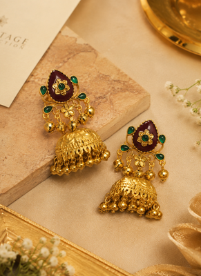 gold-plated antique matte chandbali kashmiri earrings with red and green multi-stones 2