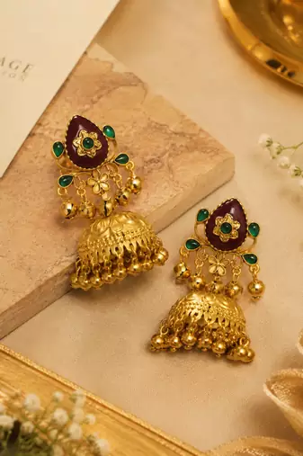gold-plated antique matte chandbali kashmiri earrings with red and green multi-stones
