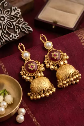 gold-plated antique matte chandbali kashmiri earrings with red stones