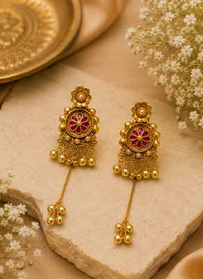 gold-plated antique matte chandbali kashmiri earrings with red stones 2