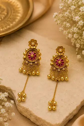 gold-plated antique matte chandbali kashmiri earrings with red stones