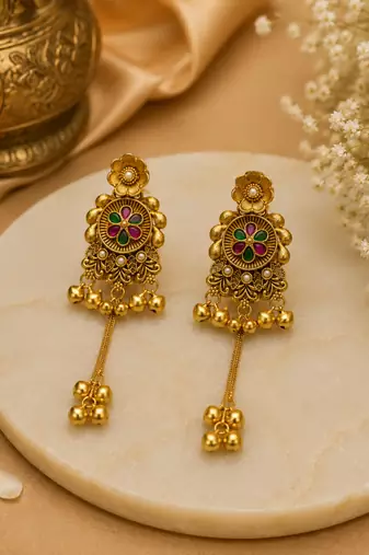 gold-plated antique matte chandbali kashmiri earrings with red and green multi-stones