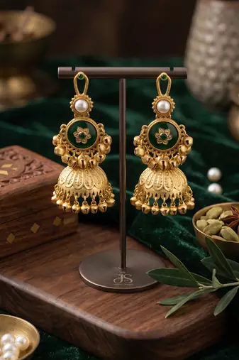 gold-plated antique matte chandbali kashmiri earrings with green stones