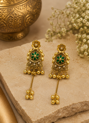 gold-plated antique matte chandbali kashmiri earrings with green stones 2