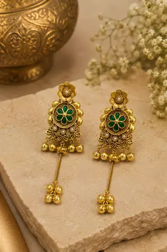 gold-plated antique matte chandbali kashmiri earrings with green stones