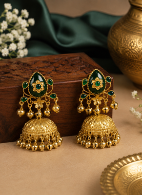 gold-plated antique matte chandbali kashmiri earrings with green stones 2
