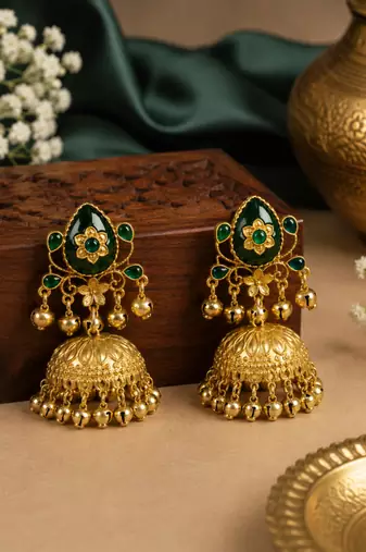 gold-plated antique matte chandbali kashmiri earrings with green stones