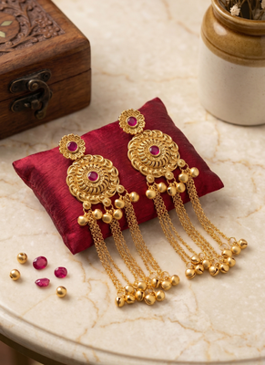 gold-plated antique matte chandbali kashmiri earrings with red stones 2