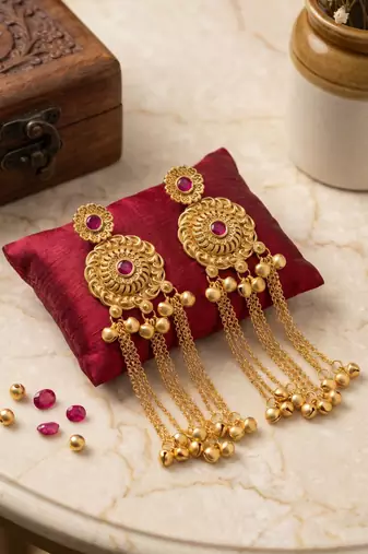 gold-plated antique matte chandbali kashmiri earrings with red stones