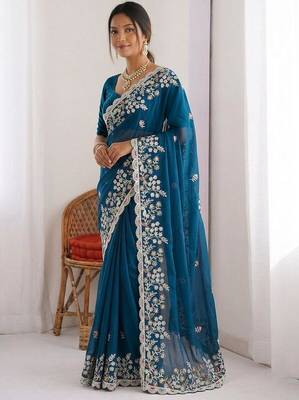 Teal colour party wear rangoli silk embroidered saree 1