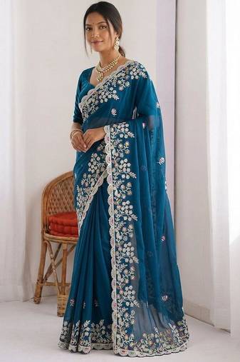 Teal colour party wear rangoli silk embroidered saree