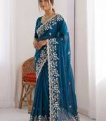 Teal colour party wear rangoli silk embroidered saree