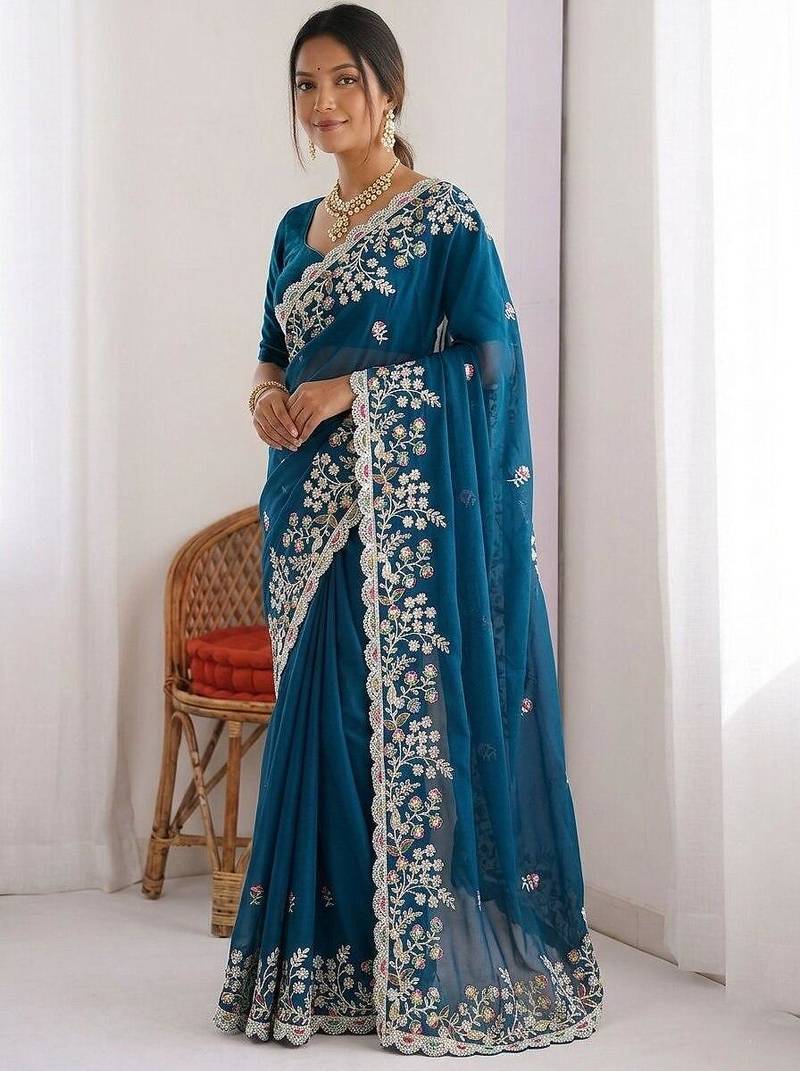 Teal colour party wear rangoli silk embroidered saree