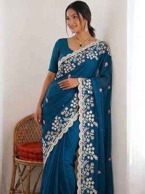 Teal colour party wear rangoli silk embroidered saree 2