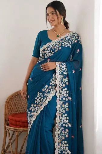 Teal colour party wear rangoli silk embroidered saree