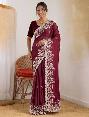 Wine colour party wear rangoli silk embroidered saree 1
