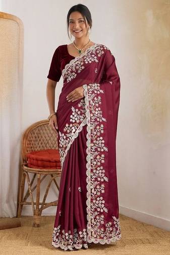 Wine colour party wear rangoli silk embroidered saree