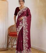 Wine colour party wear rangoli silk embroidered saree