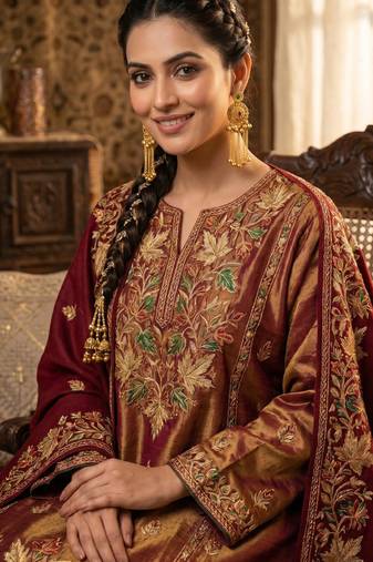gold-plated antique matte chandbali kashmiri earrings with red and green multi-stones