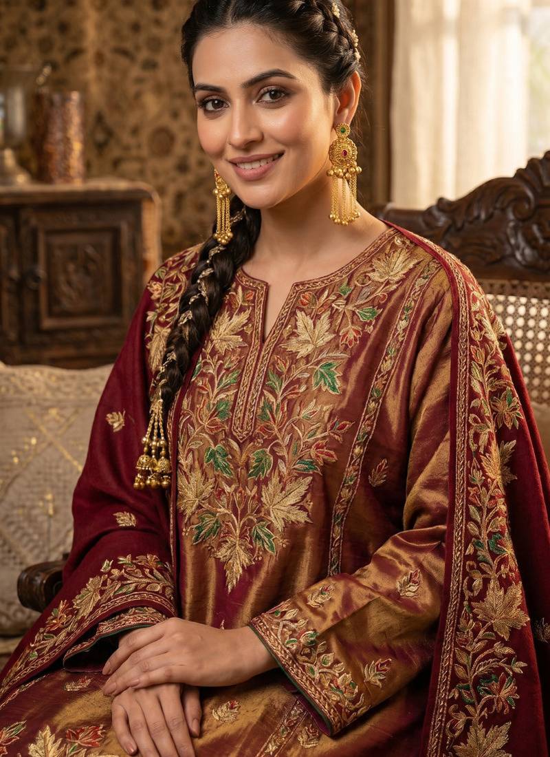 gold-plated antique matte chandbali kashmiri earrings with red and green multi-stones
