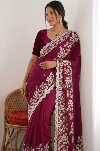 Wine colour party wear rangoli silk embroidered saree