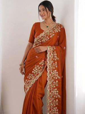 Rust colour party wear rangoli silk embroidered saree 1