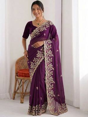 Purple colour party wear rangoli silk embroidered saree 1