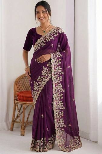 Purple colour party wear rangoli silk embroidered saree