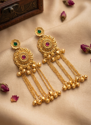 gold-plated antique matte chandbali kashmiri earrings with red and green multi-stones 2