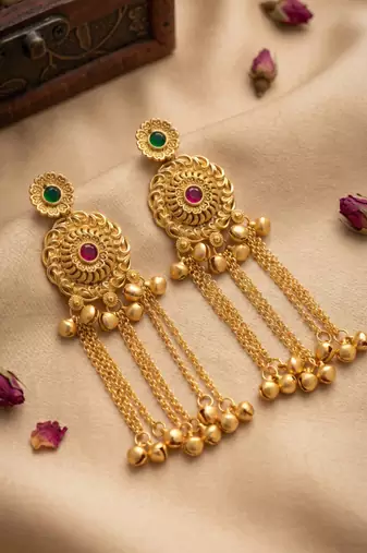 gold-plated antique matte chandbali kashmiri earrings with red and green multi-stones