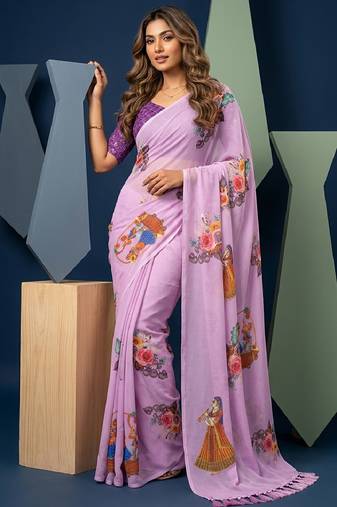 Lavender colour weightless digital print saree with unstitched blouse