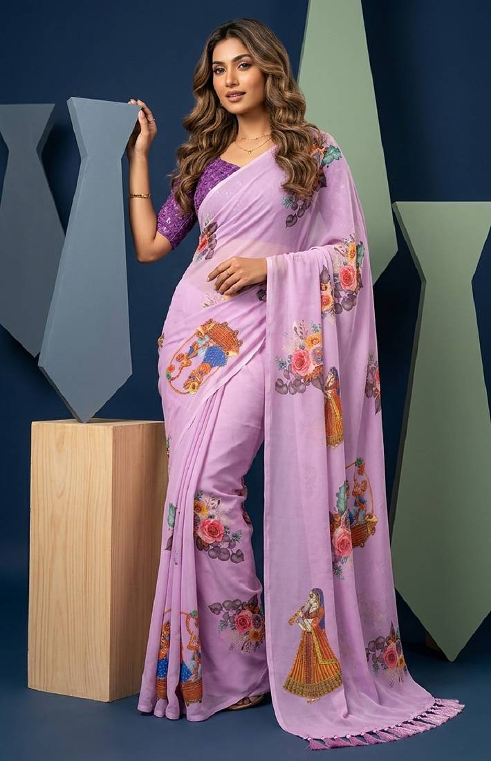 Lavender colour weightless digital print saree with unstitched blouse