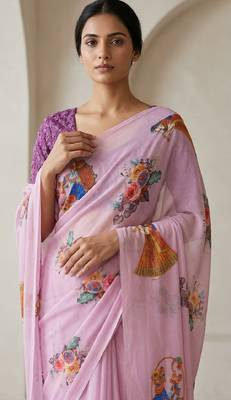 Lavender colour weightless digital print saree with unstitched blouse 2