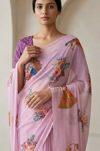 Lavender colour weightless digital print saree with unstitched blouse