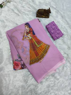 Lavender colour weightless digital print saree with unstitched blouse 3