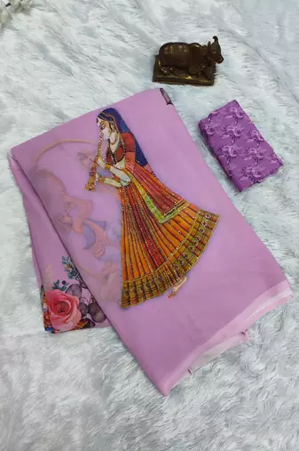 Lavender colour weightless digital print saree with unstitched blouse