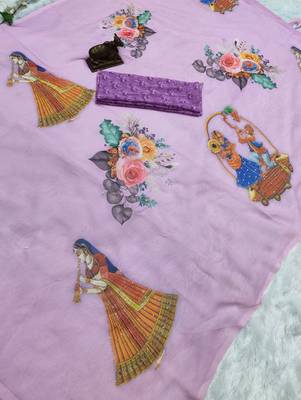Lavender colour weightless digital print saree with unstitched blouse 4